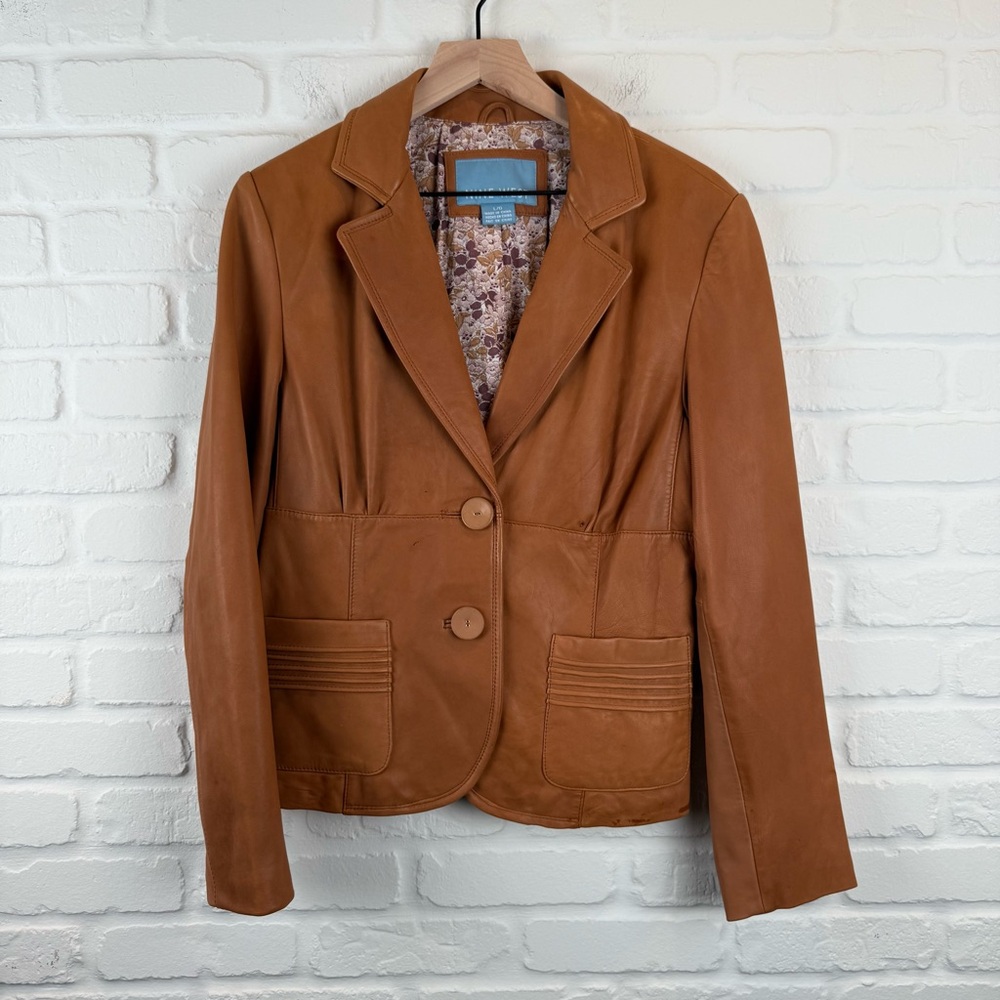 Nine West Women's 100% Leather Jacket Tan Floral Lining two Button Blazer L